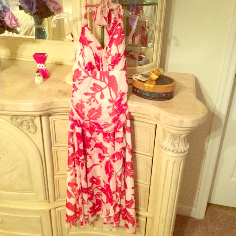 PULL OVER RED AND CREAM MESH HALTER DRESS